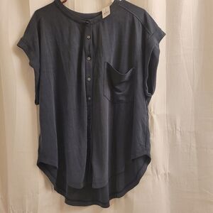 Lou&Grey  Button-Up Top Size XL Super Soft Grey Short Sleeve
